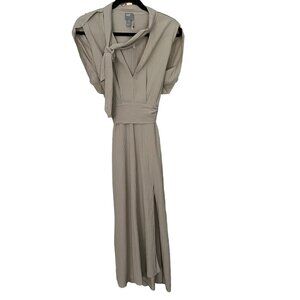 ASOS Size 6 Beige Textured Bow Tie Keyhole Neck Pleated A-Line Midi Dress NWT